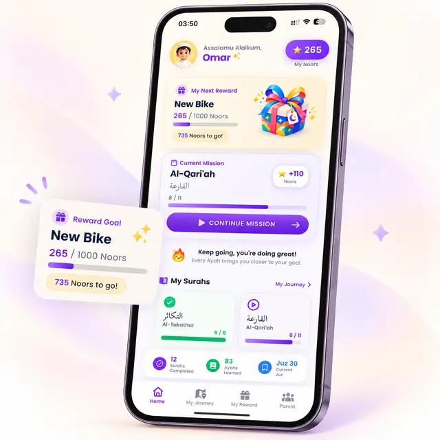 The NoorDash app home screen with a reward goal card showing a new bike at 265 of 1000 Noors, 735 Noors to go, and Omar's current Surah mission